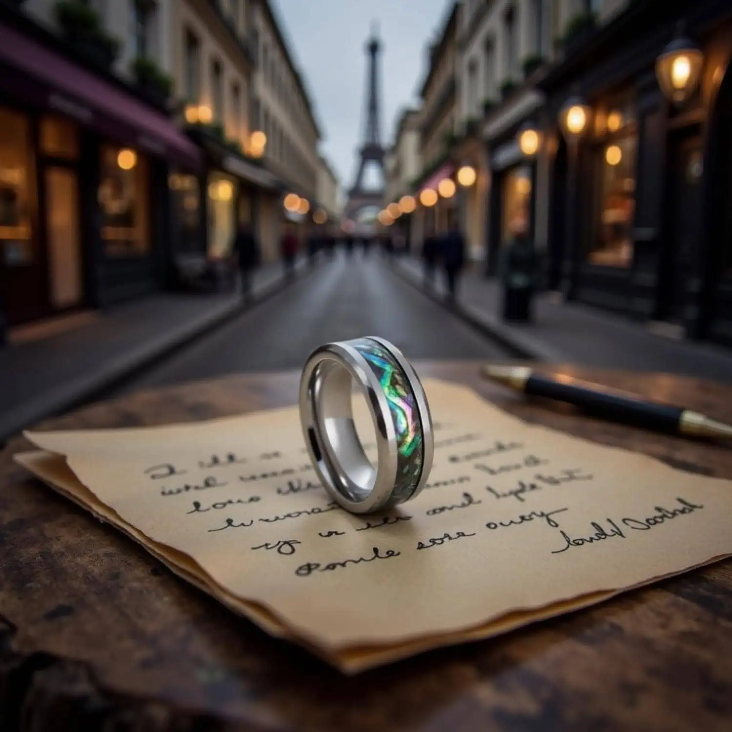 Menโs tungsten ring with abalone shell inlay and polished bevelled edges, engraved for him.