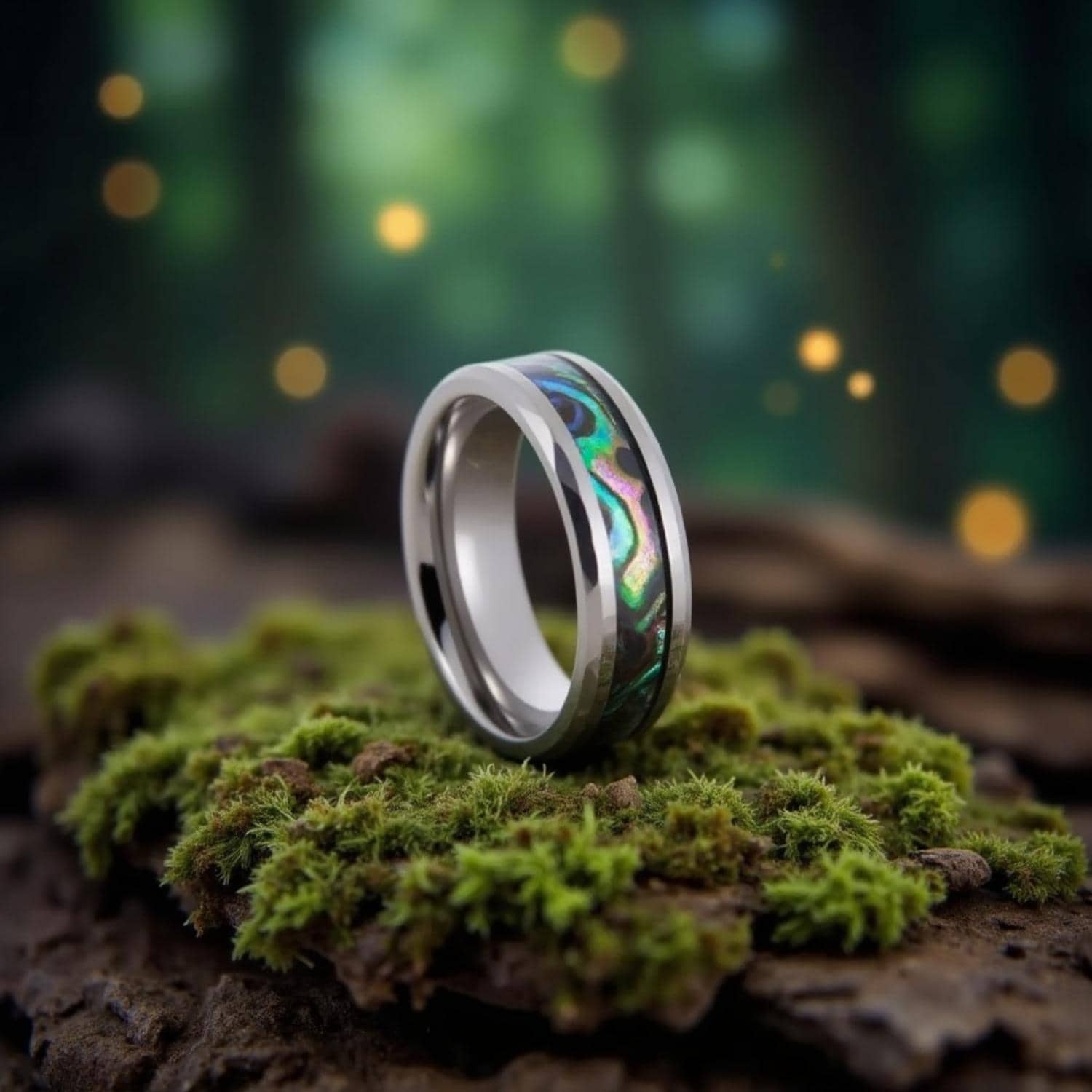 Unique abalone shell tungsten menโs eternity ring with engraving option.