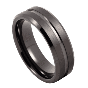 A close up of a gunmetal grey ring on a white background. Made with tungsten, the ring features two brushed sections and a smooth polished groove.