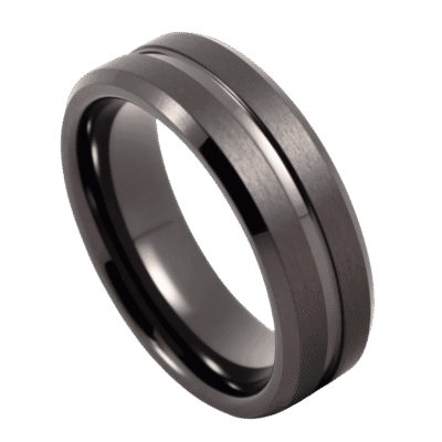 A close up of a gunmetal grey ring on a white background. Made with tungsten, the ring features two brushed sections and a smooth polished groove.