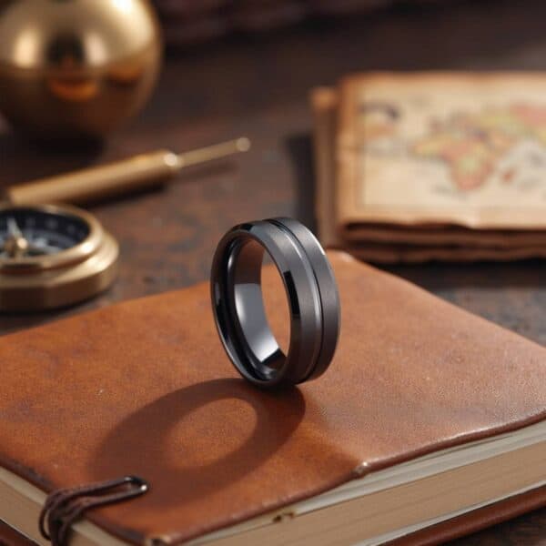 Men’s tungsten ring in gunmetal grey with central groove and engraving option, perfect for weddings.
