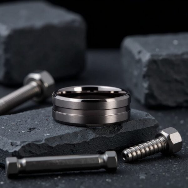 Tungsten gunmetal grey men’s statement ring with engraving, brushed centre, and polished finish.