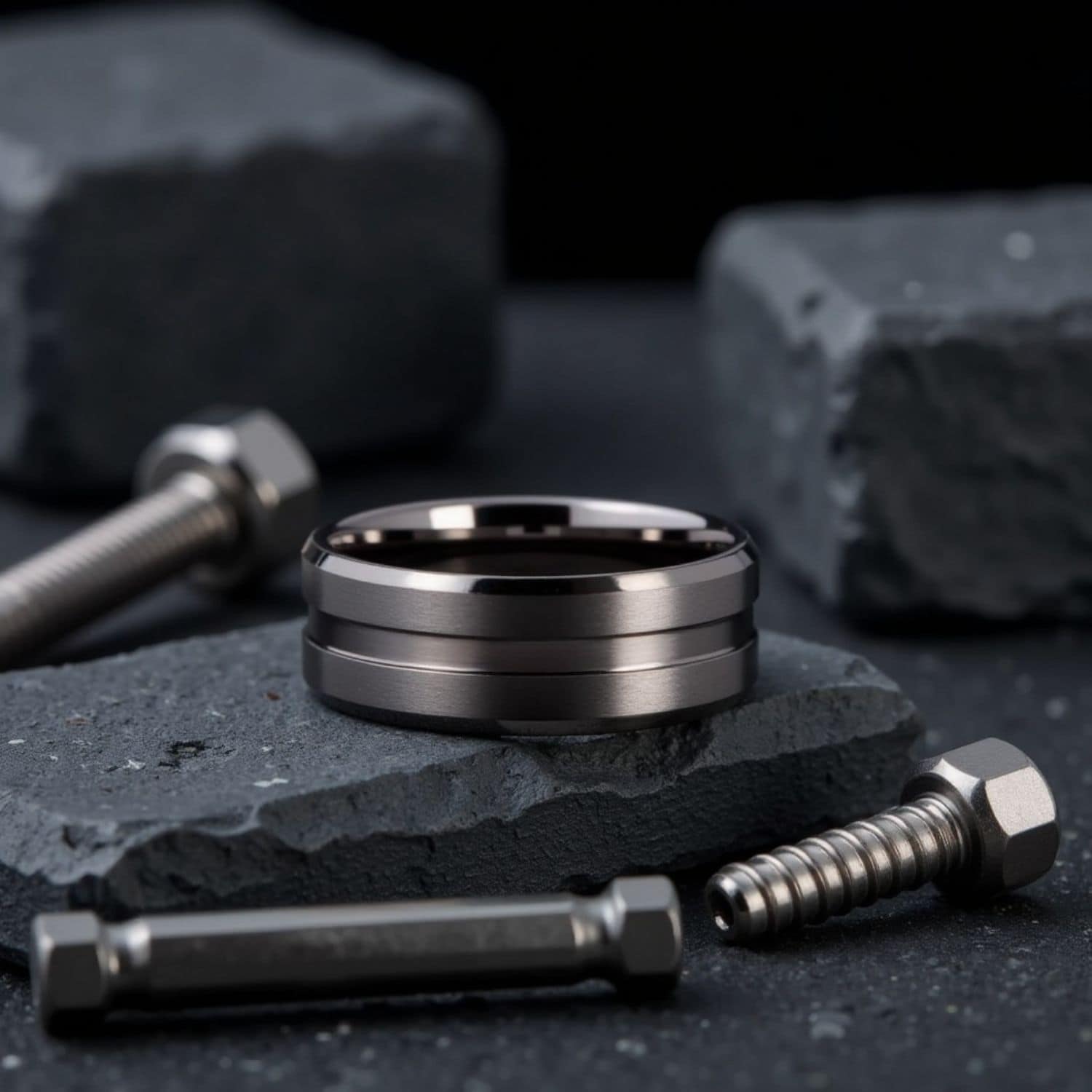 Tungsten gunmetal grey menโs statement ring with engraving, brushed centre, and polished finish.