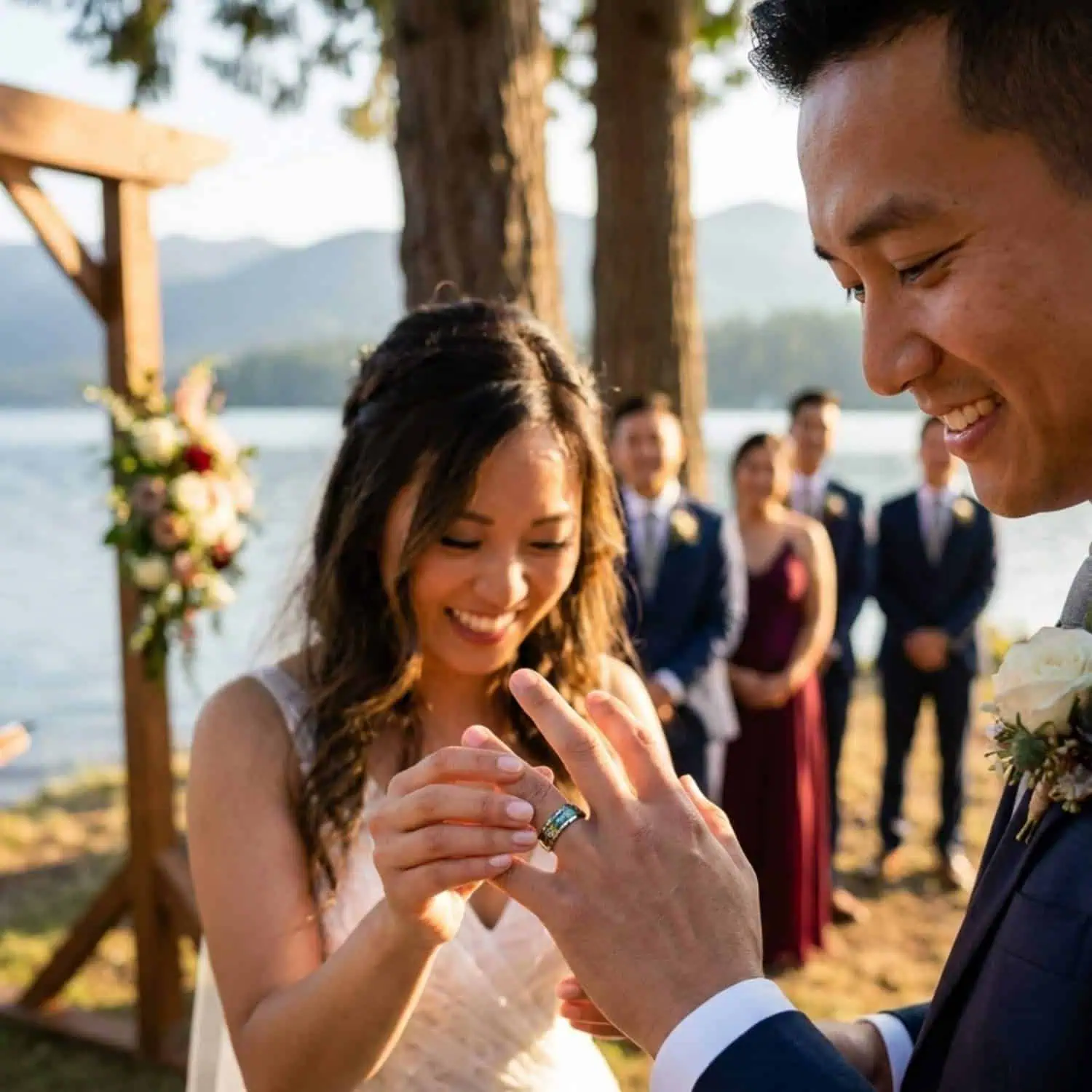 Bride and groom exchanging rings during a lakeside wedding ceremony while the groom wears the Reef tungsten wedding ring with a shimmering abalone shell inlay.