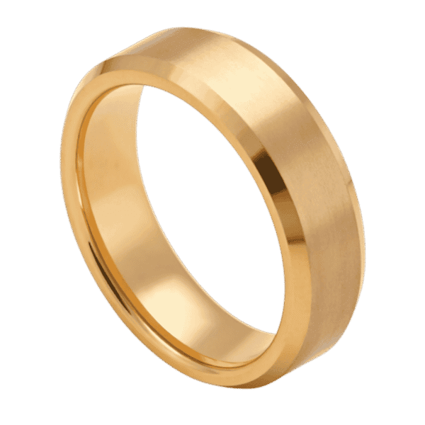 A stylish mens tungsten ring in gold. Perfect both as a mans wedding band or a fashion statement ring for gents. Add a custom ring engraving