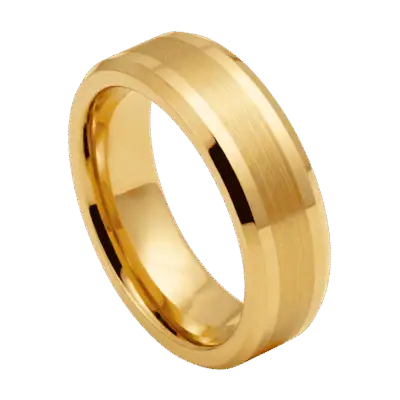 Close-up of the Guardian warm gold tungsten carbide ring with a brushed centre section and polished edges, showcasing its refined finish.