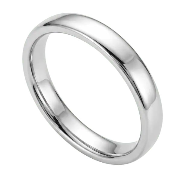Close-up of the Legacy Thin Style 4mm white gold tone tungsten carbide ring with a slim, slightly domed profile.