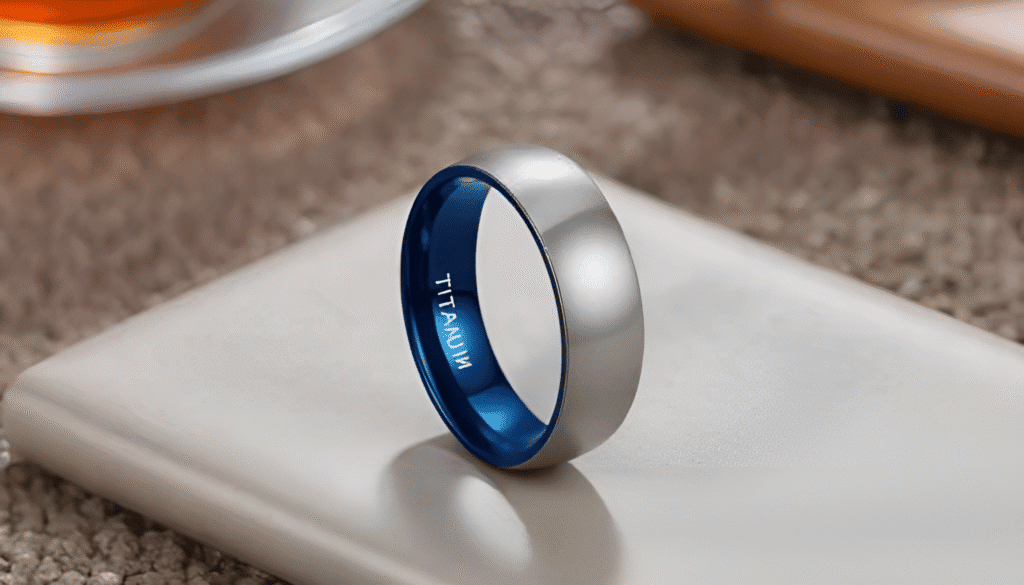 Appeaser men’s titanium ring with a brushed silver exterior and vibrant blue interior, designed as a modern engagement or fashion band.