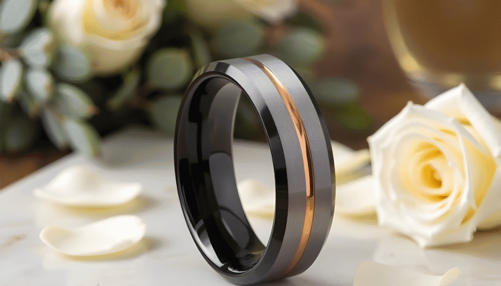 Champion men’s tungsten wedding ring with black and gold accents, designed as a bold promise ring with optional personalised engraving — strong, stylish, and durable.