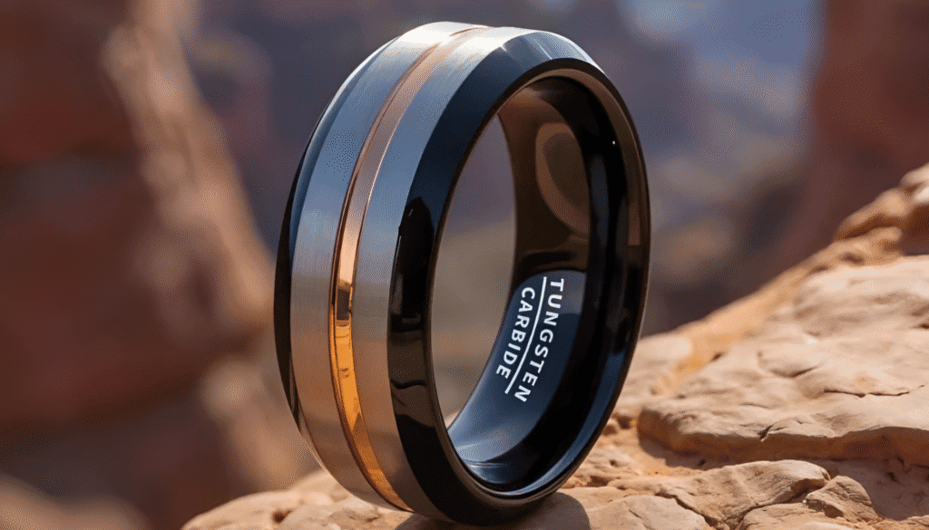 Champion men’s tungsten wedding ring with bold detailing and custom engraving — a durable, polished band designed for strength, style, and long-lasting commitment.