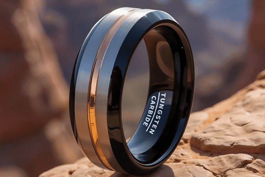Engagement ring with Tungsten Carbide finish set on desert rocks – modern, durable wedding band for men and women. Perfect for style and longevity, symbolising commitment and strength.