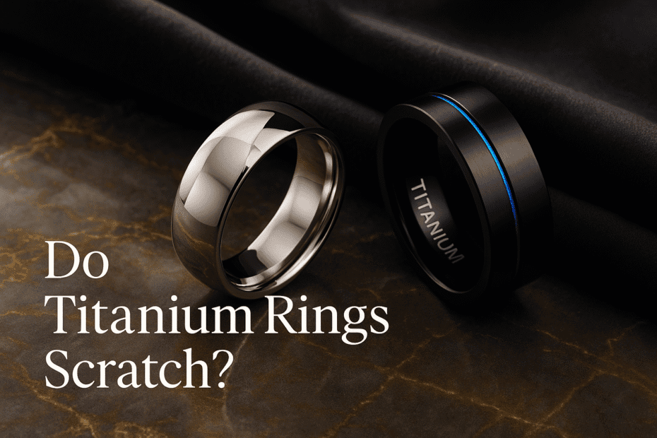 Two elegant titanium rings on a luxurious dark marble surface with black velvet fabric in the background, accompanied by the text “Do Titanium Rings Scratch?”