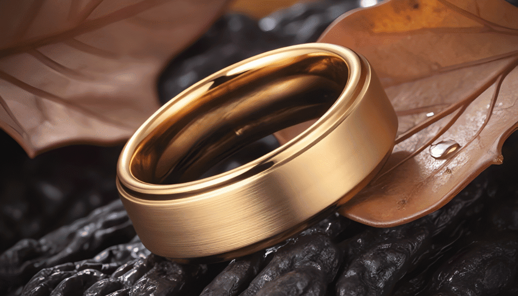 Eloquent gents’ gold tungsten ring with a polished finish — a bold fashion statement band combining luxury and durability, perfect for weddings, engagements, or everyday style.