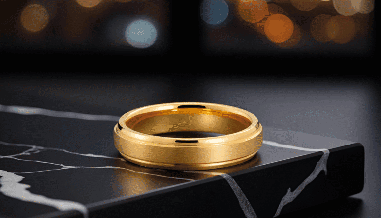Elegant gold wedding band on black marble surface with white veining, ideal for engagement or wedding jewellery. High-quality craftsmanship, perfect for wedding bands and newman bands collection.
