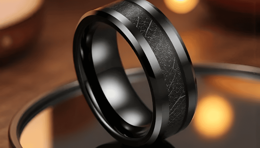 Fireball men’s wedding band crafted from black tungsten with a striking faux meteorite inlay — a bold, durable ring perfect for weddings, promises, or everyday statement wear.