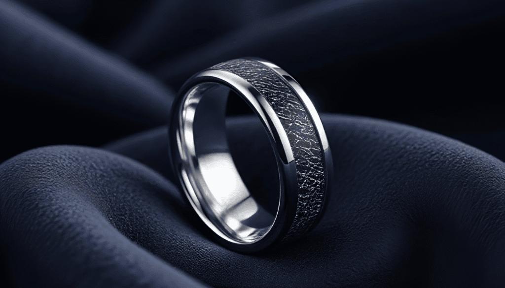Gallant men’s fashion statement ring crafted from silver tungsten with a faux meteorite inlay — bold, durable, and customisable with engraving for weddings, engagements, or everyday style