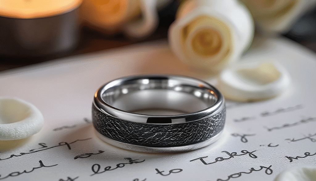 Gallant men’s wedding band featuring a faux meteorite inlay, crafted from polished tungsten with a durable and modern design — ideal for engagement or everyday wear.