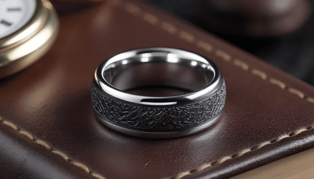 Gallant tungsten ring for men featuring a faux meteorite inlay, combining rugged style with polished sophistication — ideal as a modern wedding band or fashion-forward accessory.