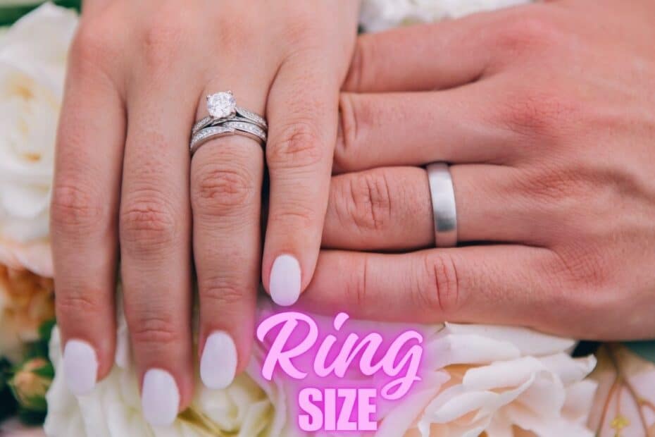 Elegant wedding rings on a bride and groom's hands, showcasing their commitment and ring styles, with a background of soft flowers for wedding and engagement celebration themes.