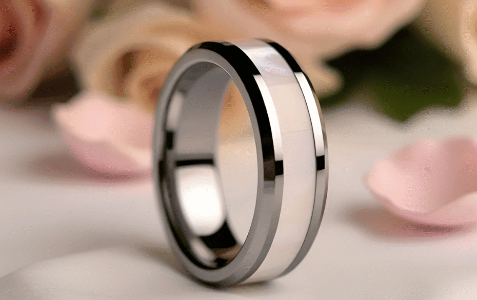 Sleek silver wedding rings on a white surface with pink rose petals in the background.