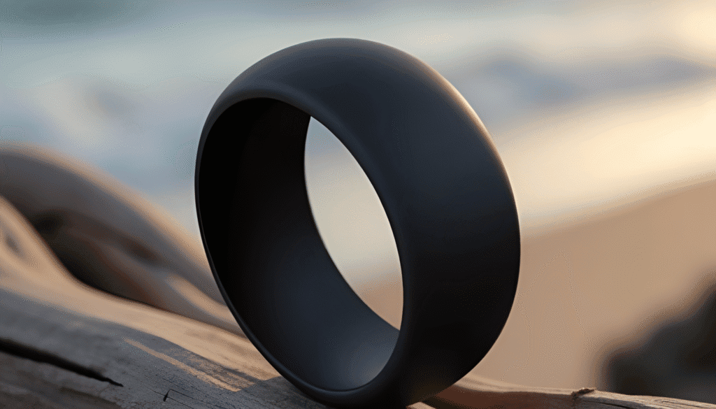 Kepler black men’s silicone ring designed for gym use, featuring a durable rubber-like band ideal for workouts and active wear