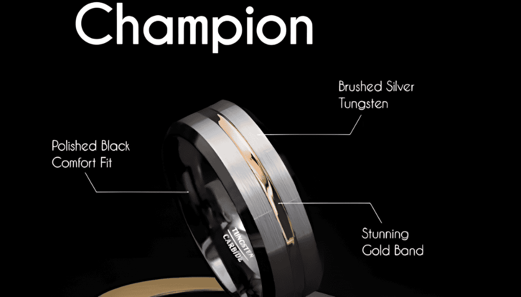 Men’s tungsten wedding ring with a striking silver, black, and gold tri-tone design — a bold, durable band ideal for weddings, engagements, or fashion-forward everyday wear.