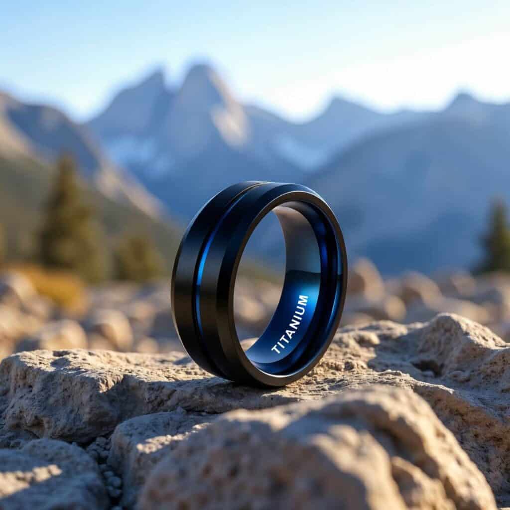 A sleek black titanium ring with a blue inlay resting on rugged rocks outdoors, with blurred mountain peaks and a clear sky in the background.
