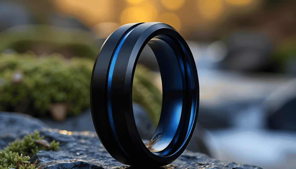 Unswerving men’s titanium fashion ring featuring a sleek black and blue finish, styled for modern wear with a bold, masculine edge.