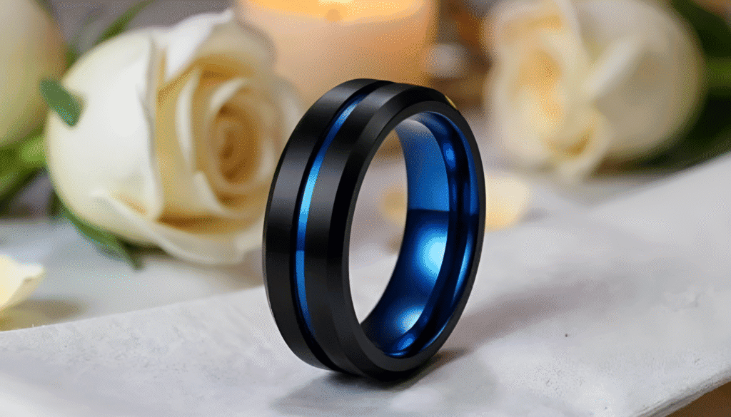 Unswerving men’s wedding band crafted in black and blue titanium, ideal for anniversaries, engagements, or everyday wear with a bold, modern style. 