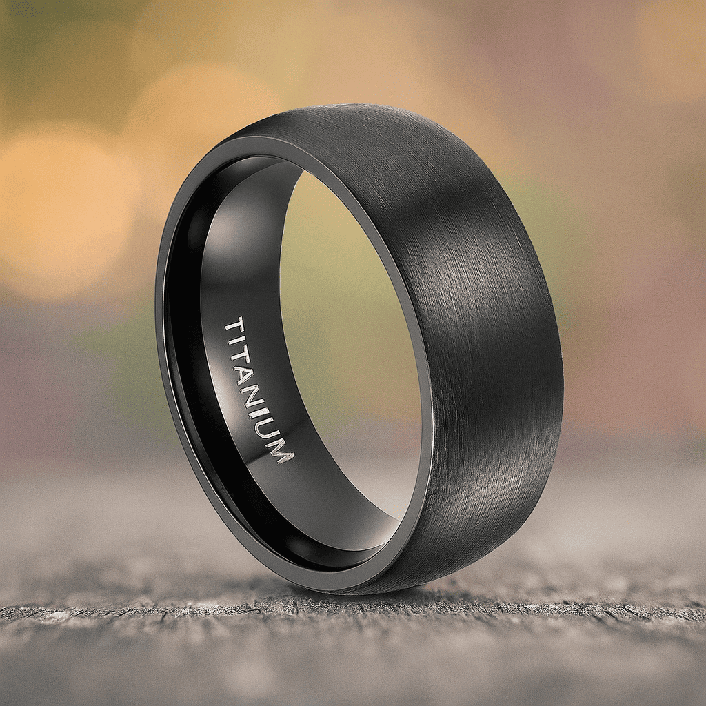 A sleek black titanium ring resting on a textured wooden surface, with a soft warm bokeh background highlighting its brushed finish and modern design.