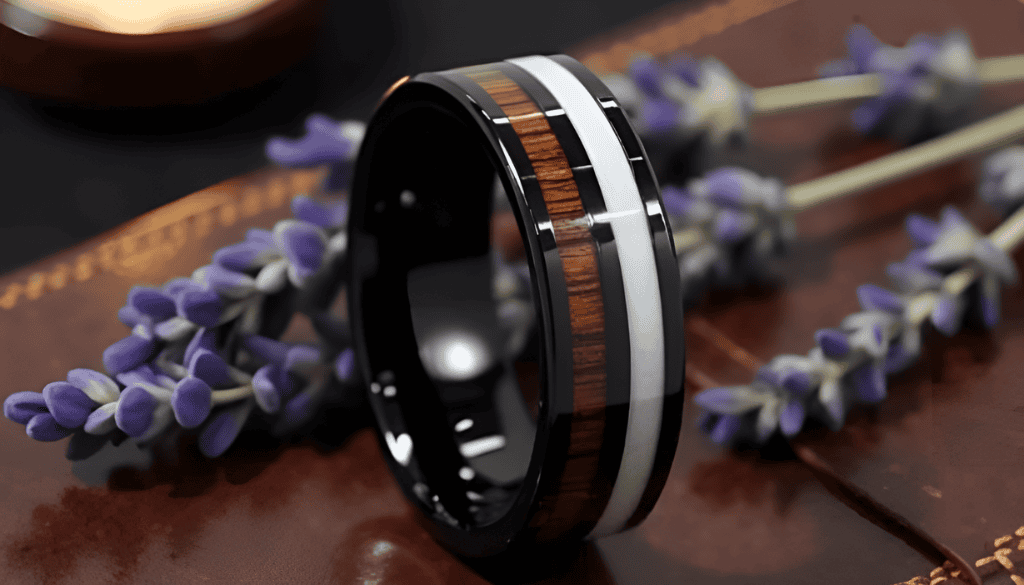 Black tungsten men’s engagement ring with antler and koa wood inlays — a bold fashion statement ring with personalised engraving, blending natural textures with modern durability.