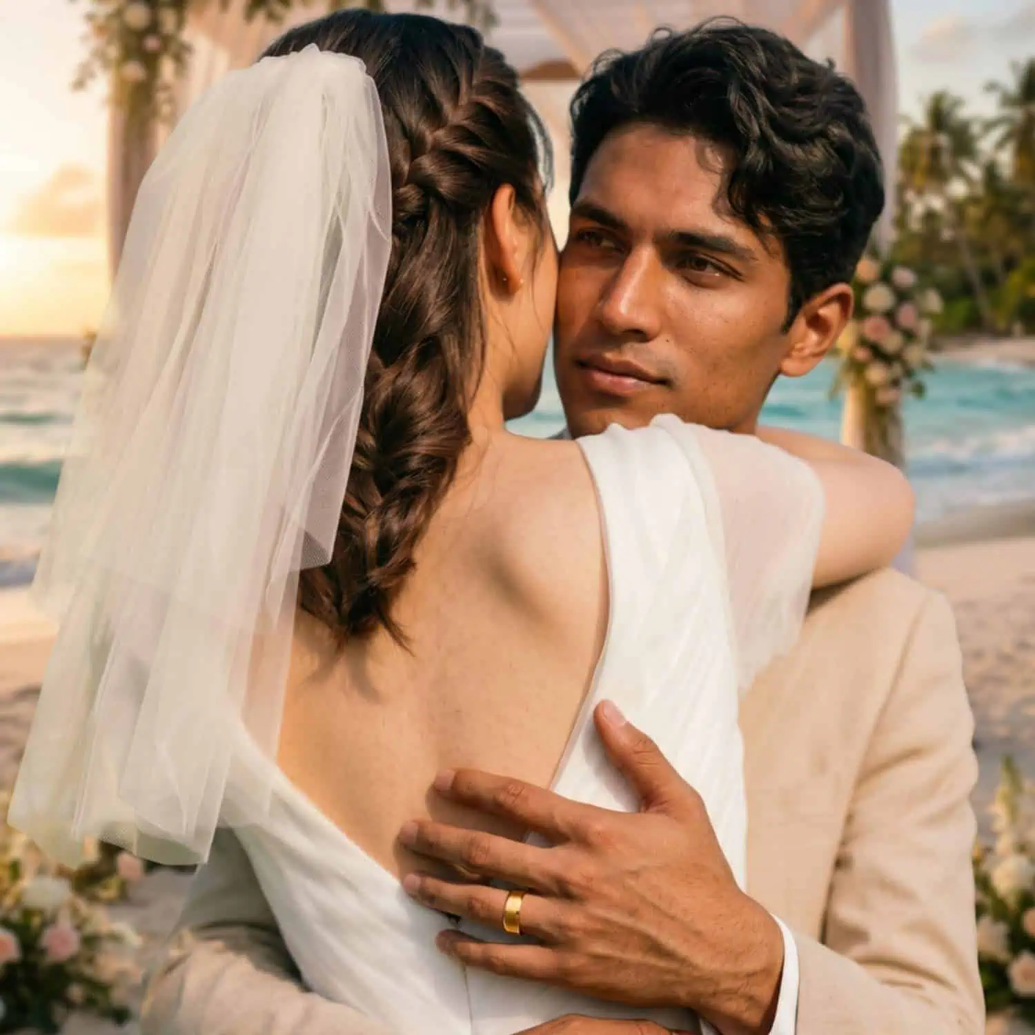Bride and groom embracing on the beach after their wedding while the groom wears the Regent brushed gold tungsten carbide wedding ring.