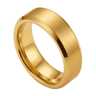 Close-up of the Regent brushed matte gold tungsten carbide ring with polished gold bevelled edges, showcasing its textured centre and warm gold finish.