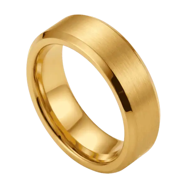 Close-up of the Regent brushed matte gold tungsten carbide ring with polished gold bevelled edges, showcasing its textured centre and warm gold finish.
