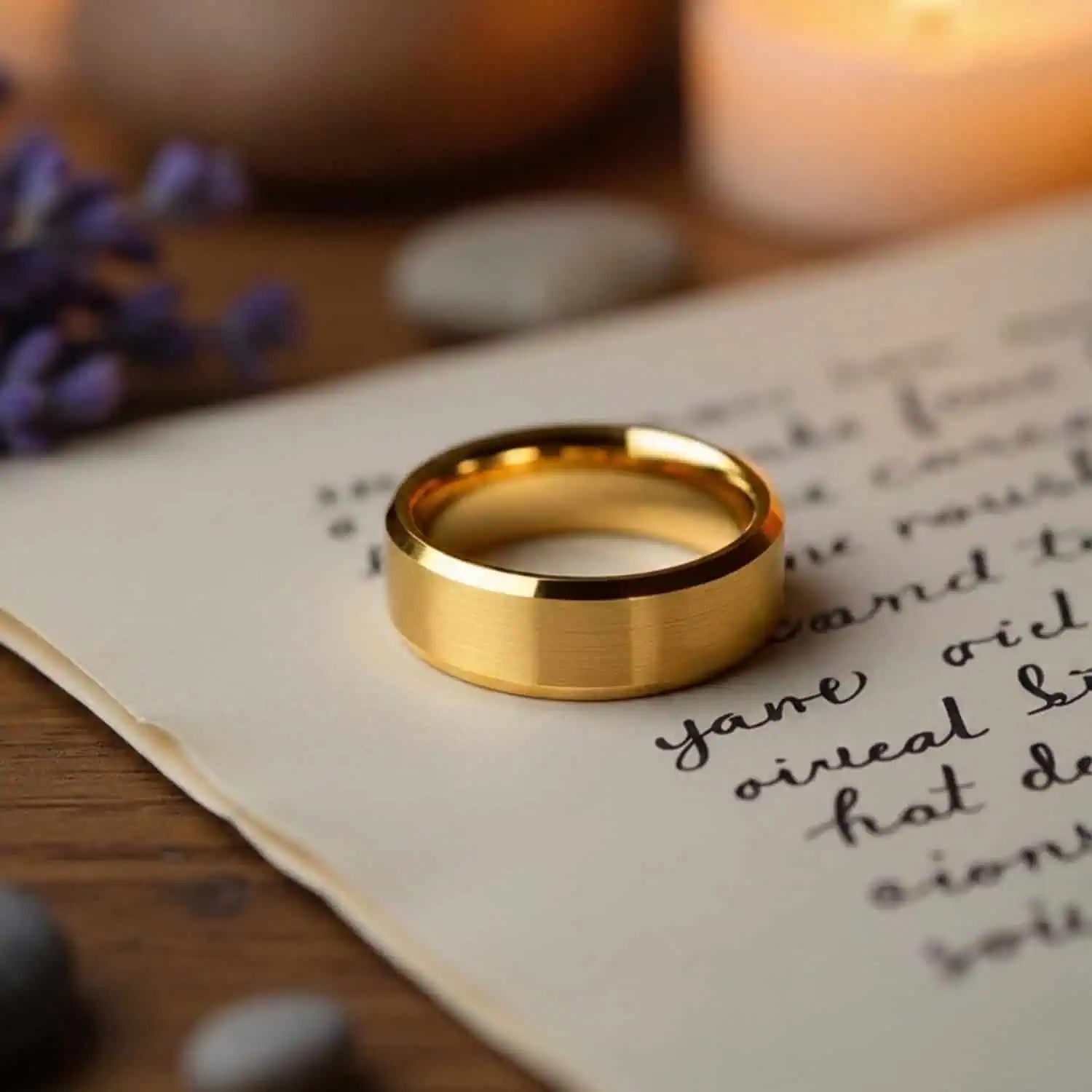 Regent brushed matte gold tungsten carbide ring resting on a handwritten manuscript beside glowing tea lights and lavender flowers.