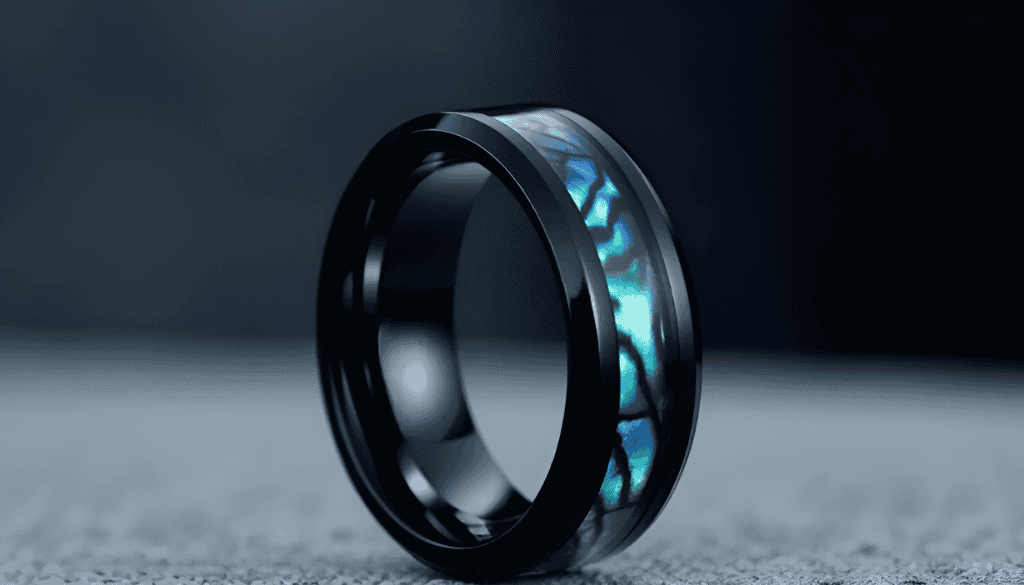 Vibrant black and blue resin inlay wedding band with sleek metallic finish, ideal for modern wedding rings and special occasions, suitable for men and women.