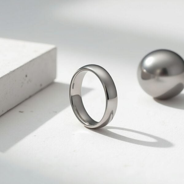 An elegant thin style ring for men. Made with tungsten, this white gold mens ring is 4mm in width.