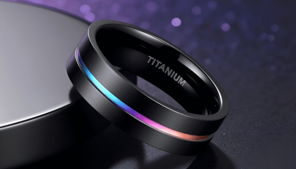Men’s black titanium ring with a vibrant rainbow groove, designed as a bold fashion statement ring — lightweight, durable, and ideal for everyday wear or special occasions