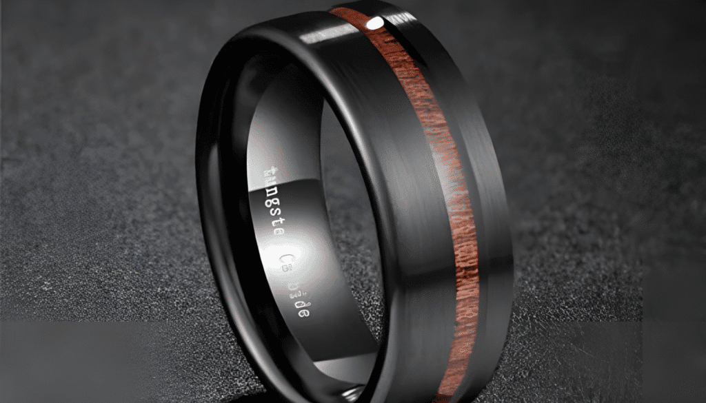 Men’s black tungsten ring with a natural wood inlay, blending modern durability with rustic, organic style for a unique wedding or fashion band.