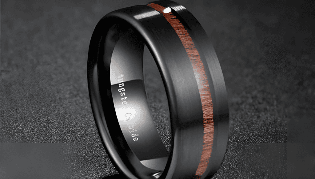 Men’s black tungsten ring featuring a natural wood inlay — a durable and stylish band combining modern design with earthy appeal, perfect for weddings, promises, or everyday wear.