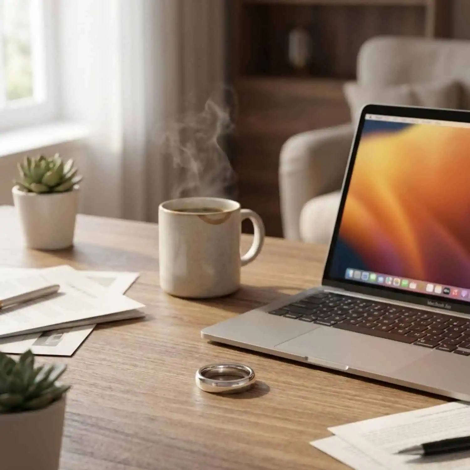 Legacy polished white gold tungsten ring resting on a home office desk beside a laptop and a freshly brewed cup of coffee.