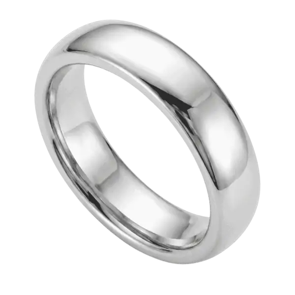 Close-up of the Legacy polished white gold tungsten ring showcasing its bright polished finish and contemporary design.