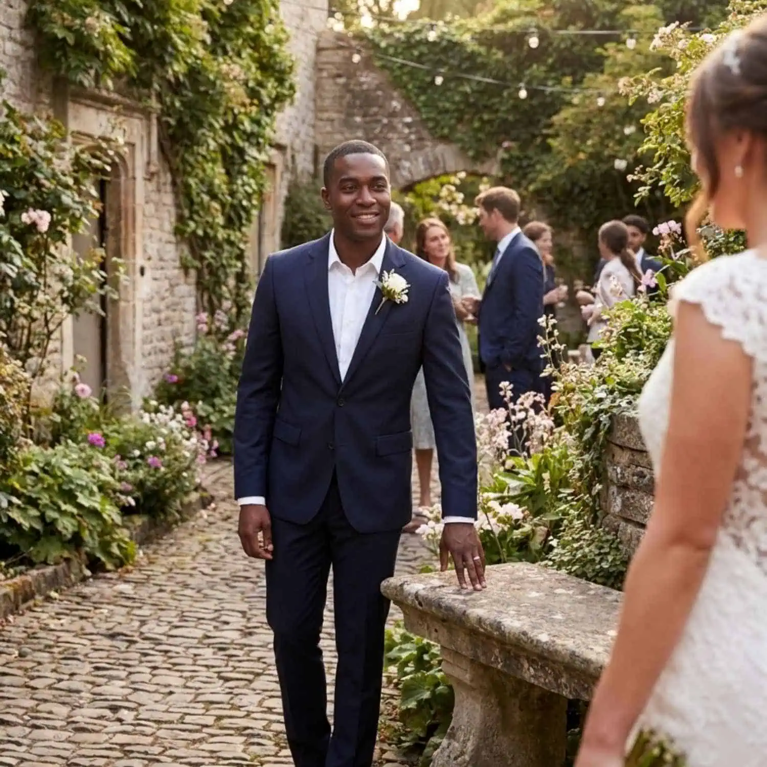 Bride and groom meeting in a courtyard garden as the groom wears the Legacy polished white gold tungsten wedding band.