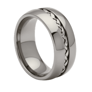 Fashion ring for men in silver tungsten with braided groove, doubles as a wedding band or anniversary ring for guys.