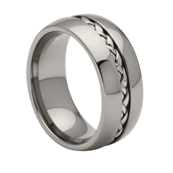 Fashion ring for men in silver tungsten with braided groove, doubles as a wedding band or anniversary ring for guys.