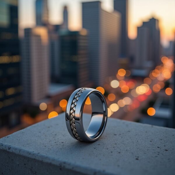 Mans tungsten ring with silver braided groove, ideal mens tungsten wedding band or statement ring with personalised engraving.