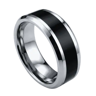 Close-up of the Veritas polished silver tungsten ring featuring a wide polished black centre and polished bevelled edges.