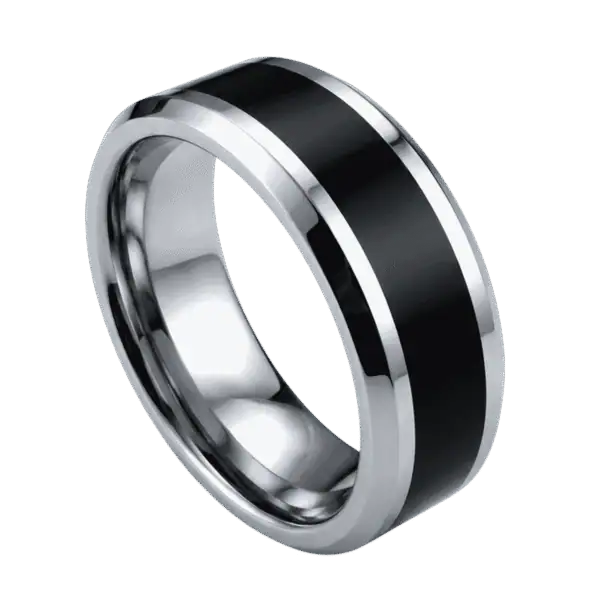 Close-up of the Veritas polished silver tungsten ring featuring a wide polished black centre and polished bevelled edges.