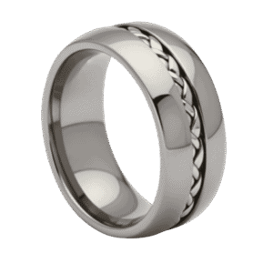 Fashion ring for men in silver tungsten with braided groove, doubles as a wedding band or anniversary ring for guys.
