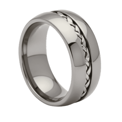 Fashion ring for men in silver tungsten with braided groove, doubles as a wedding band or anniversary ring for guys.